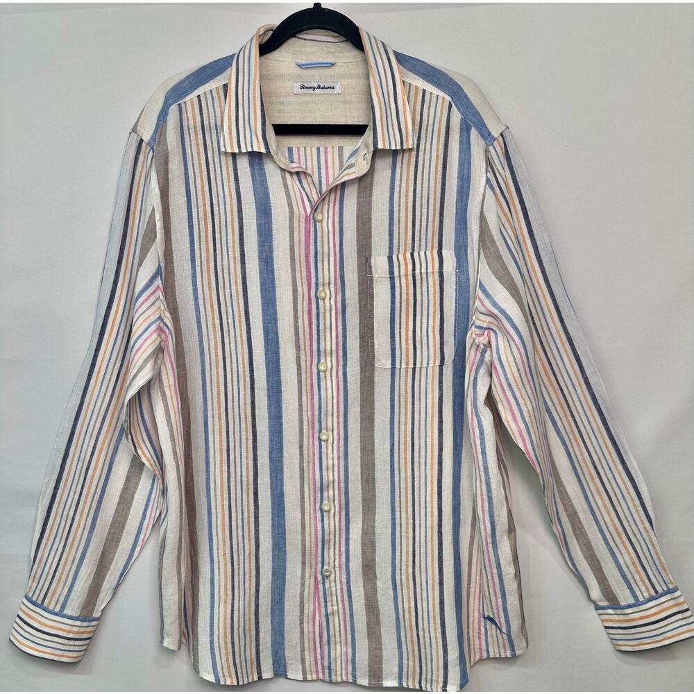 Tommy Bahama Striped 100% Linen Button Up Shirt Multi Color Long Sleeve Size XL - Picture 2 of 12